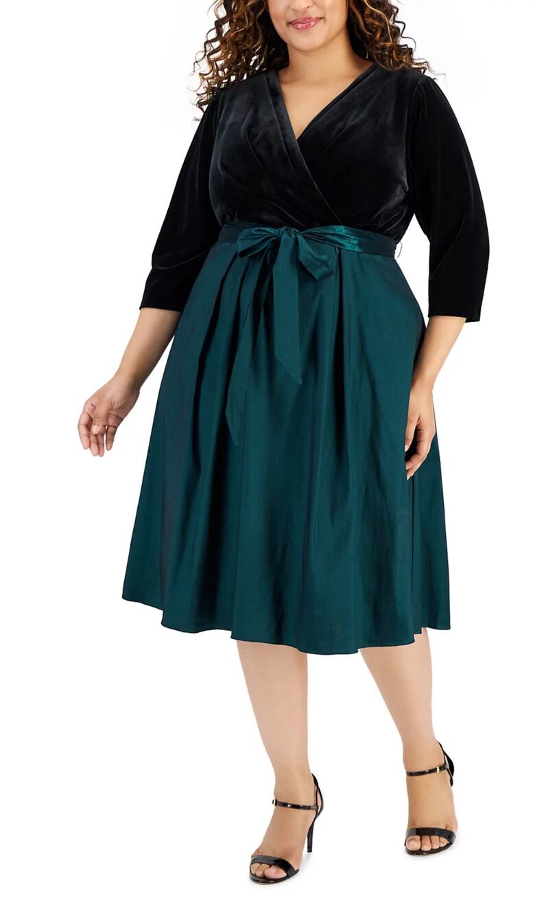 Alex Evenings Black and Green Cocktail Dress Velvet Taffeta A-Line Midi Size 20W